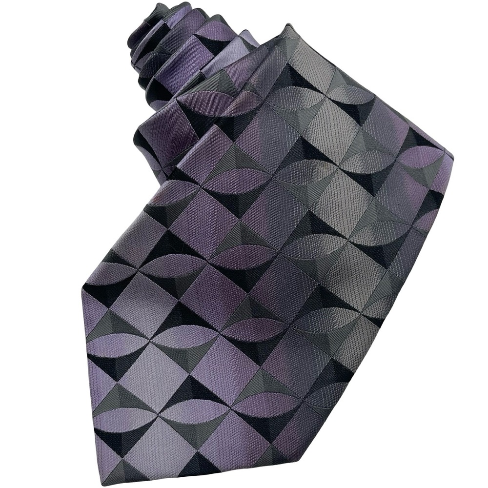 Vintage Arrow %100 Silk Necktie Tie Purple Grey Geometric Mod Retro‎ Art Deco